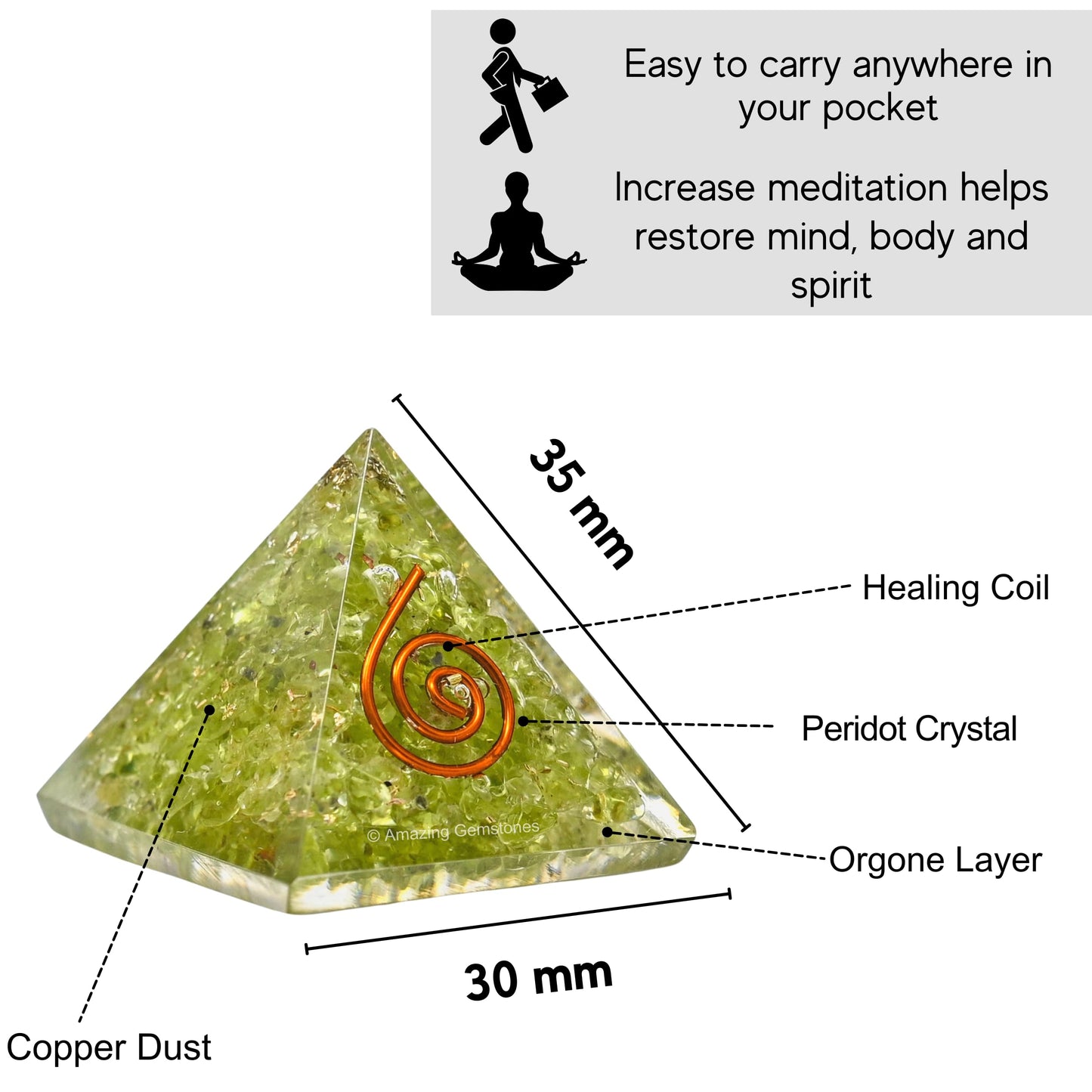Amazing Gemstone Peridot Orgone Pyramid - 30mm Small Orgonite Pyramids with Crystals and Healing Stones - Authentic Organite Gifts