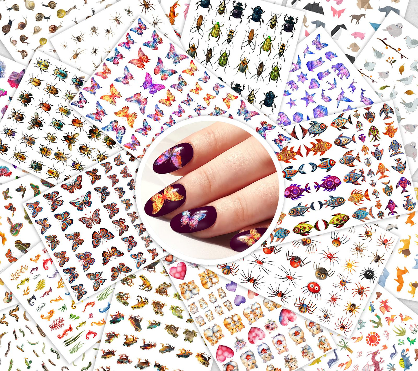 Insect Butterfly ~ 20 Sheets Nail Stickers ~ Butterflies Beetles Spiders Snails Fish and Detailed Wildlife Illustrations Creating Bold Nature Inspired Manicure Styles and Eye catching Nail Art