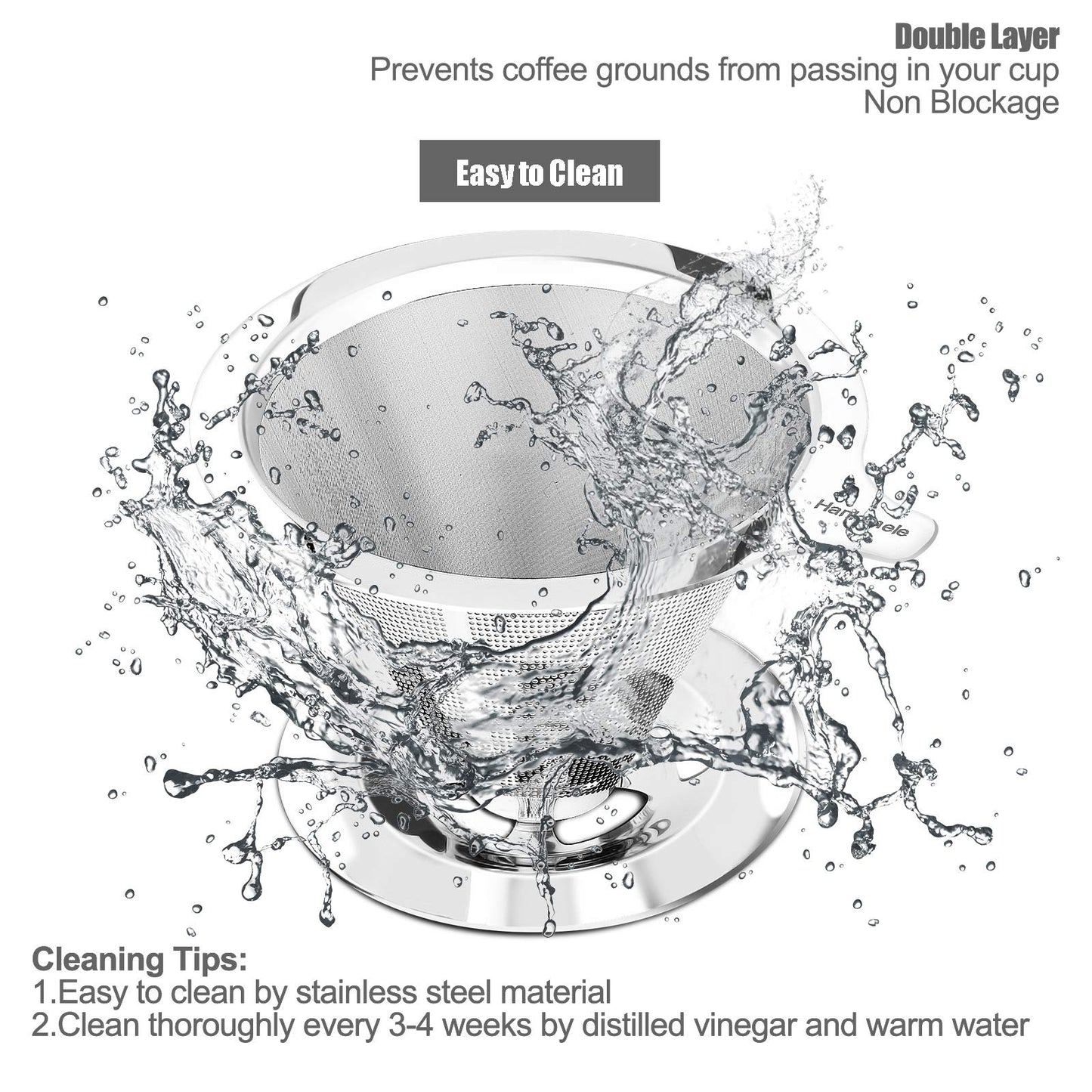 Hanlomele Pour Over Coffee Dripper, Paperless Reusable Coffee Filter, Pour Over Coffee Maker for Single Cup Brew, Double Mesh Design of Stainless Steel Cone Filter for Perfect Extraction (1-2 Cup)
