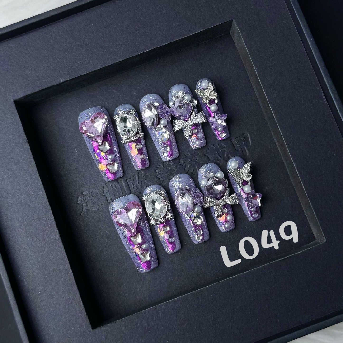 100% Handmade Press on Nails Diamond Long Coffin Fake Nails Purple Glitter False Nails with Rhinestone Design Silver Butterfly Nail Charms Glue on Nails Handmade Nail Press ons for Women Size L