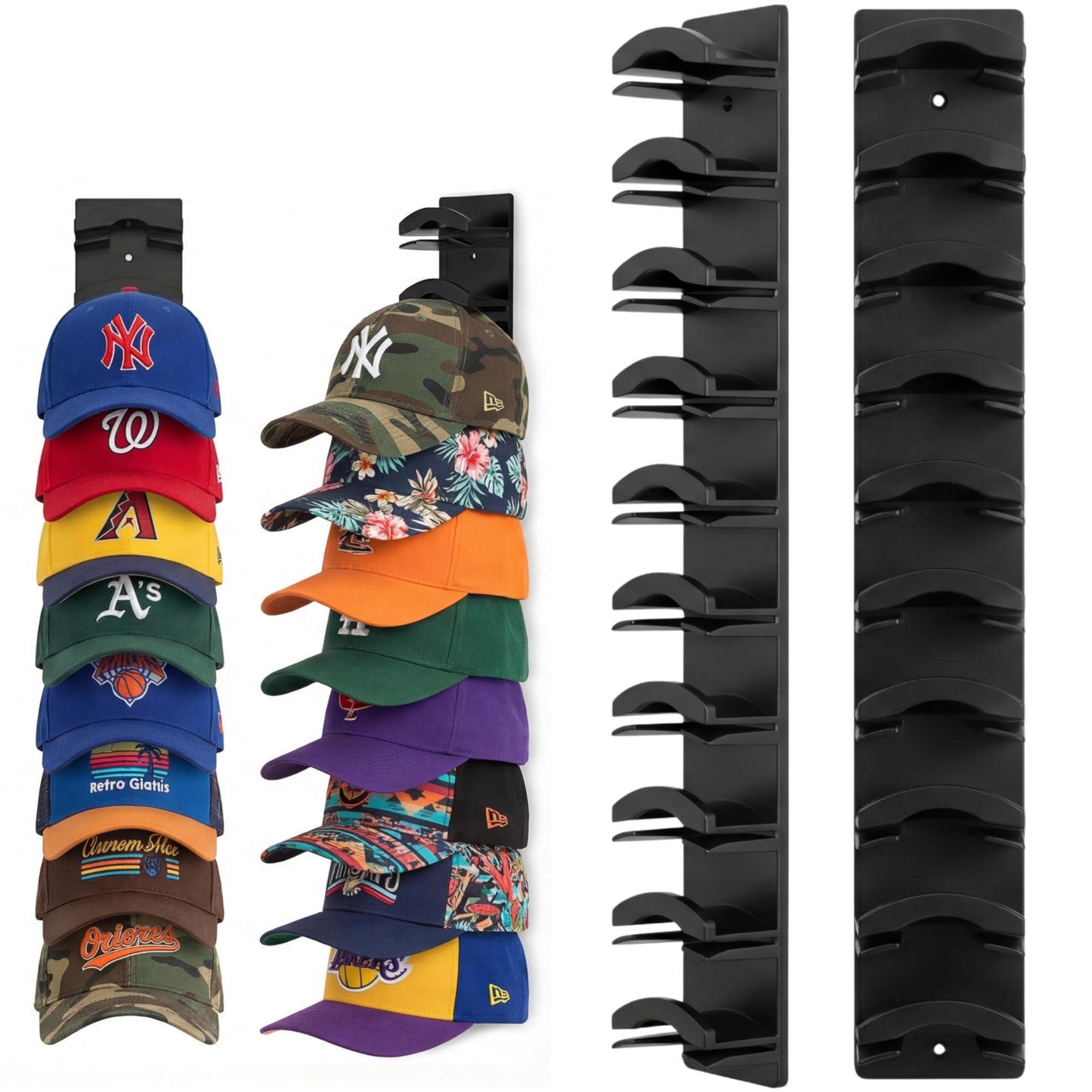 2 Pack Hat Organizer for Baseball Caps, Hat Rack with Strong Adhesive, Wall Mounted Hat Hooks for Hat Storage Display, Holds up to 20 Hats, Multi-Layer Cap Organizer for Closet Door and Bedroom(Black)