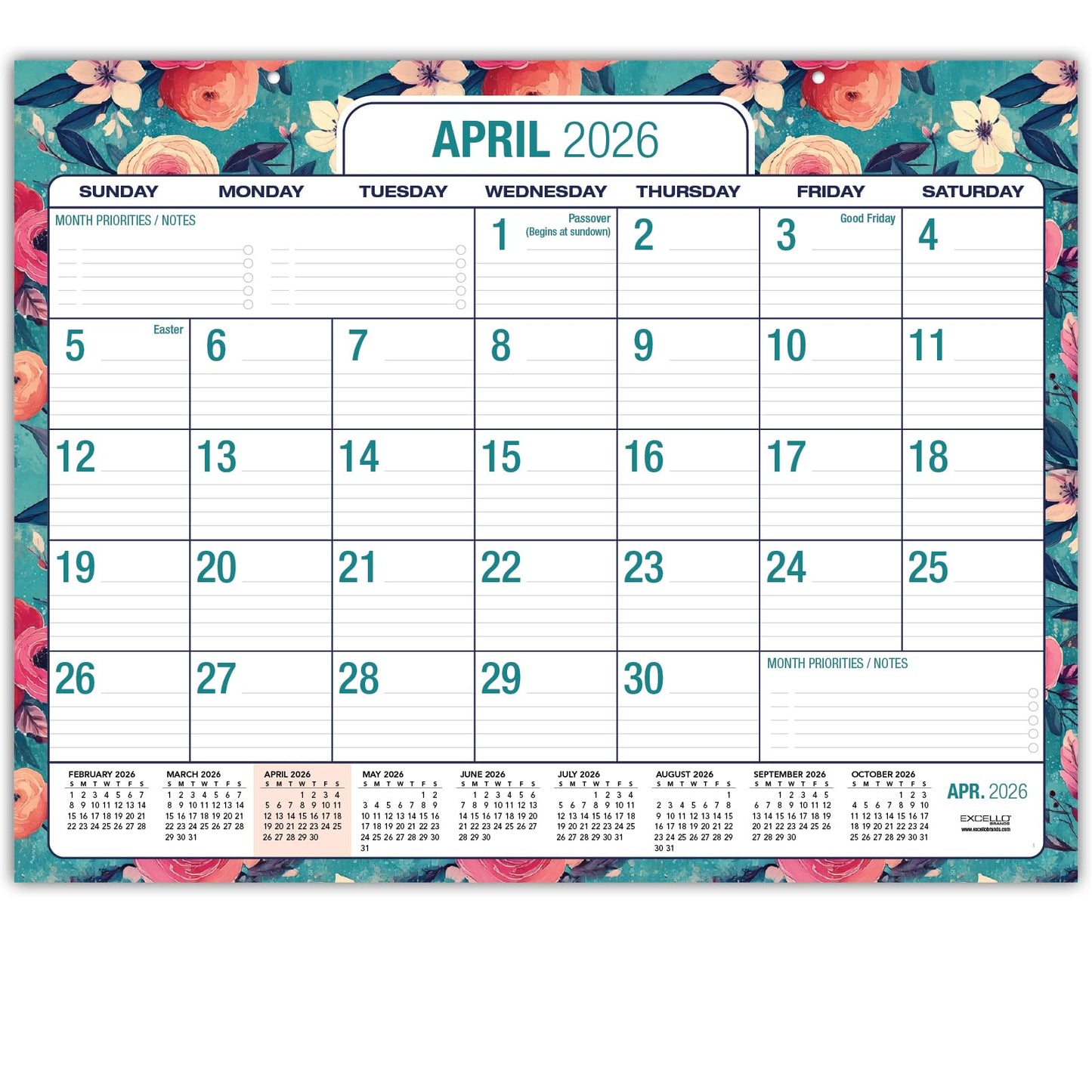 Desk PAD: 22" x 17" Large Print Desk Pad Calendar, APR 2026 - DEC 2027, 21 Months, (Teal Floral)
