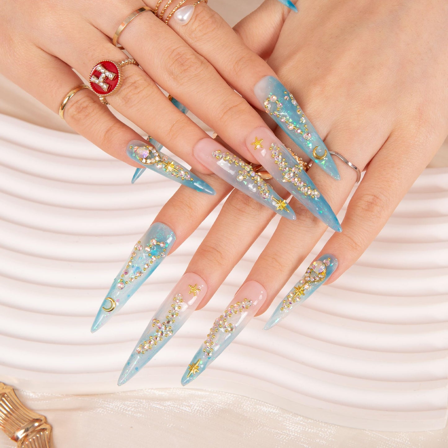 LOVFUL Press on Nails Pisces Blue French Tip | Handmade with Full Covered Crystals | Reusable Full Cover Nails | Stiletto Long 2.2 in | H157-S