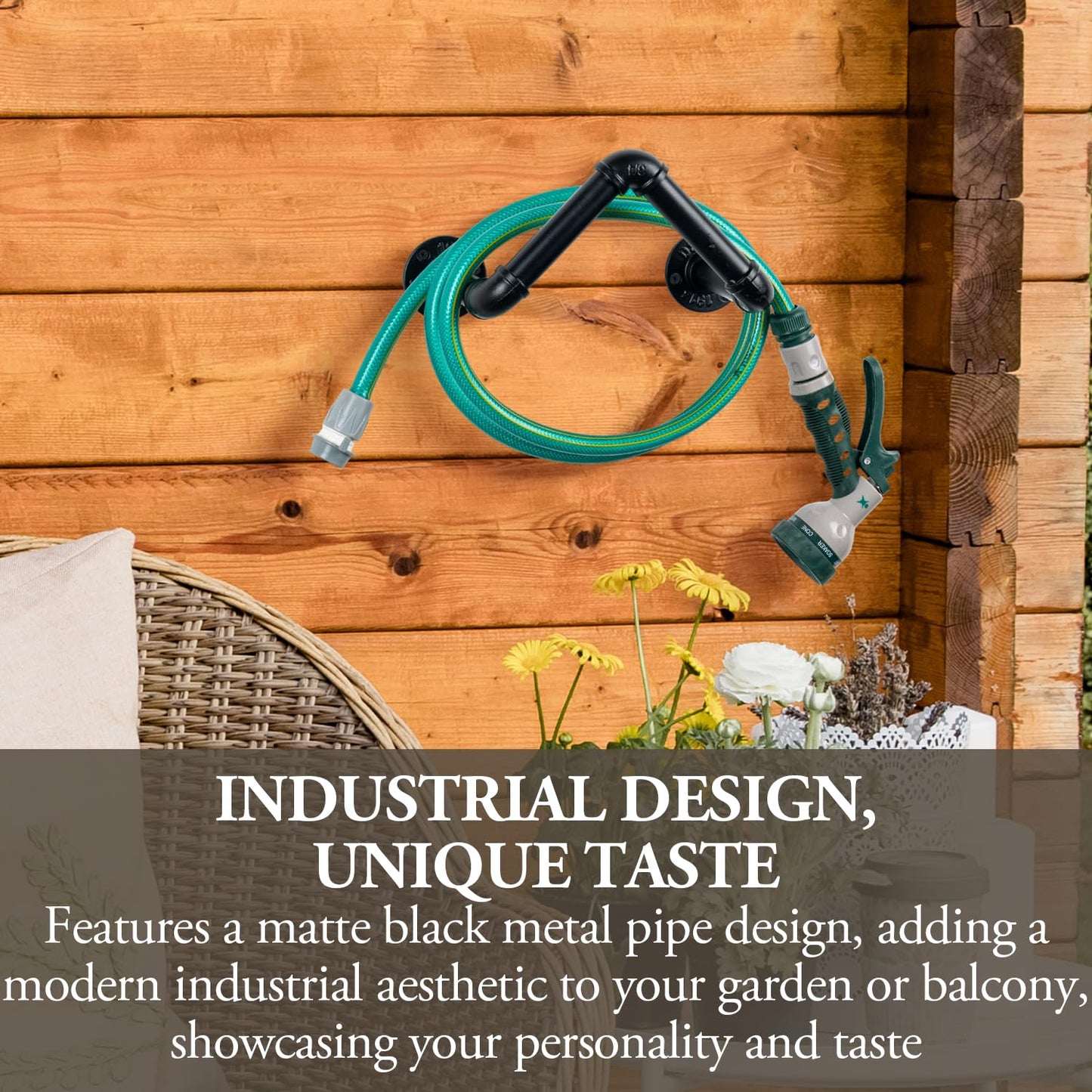 MyGift Wall Mounted Garden Hose Holder, Industrial Matte Black Metal Pipe Design Watering Tube Reel Rack, Decorative Pipework Hook for Hanging Water Hosepipe