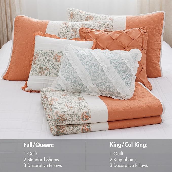 Madison Park 100% Cotton Quilt Set Floral Print, Double Sided Stitching, All Season, Lightweight Coverlet Shabby Chic Bedding Layer, Matching Shams, King/Cal King, Coral 6 Piece