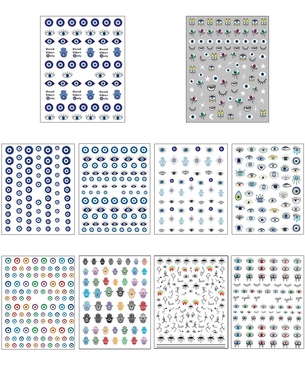 14 Sheets Evil Eye Nail Stickers, 3D Turkish Blue Eye Design Nail Art Decals, Self Adhesive Hamsa Hand of Fatima Manicure Decorations