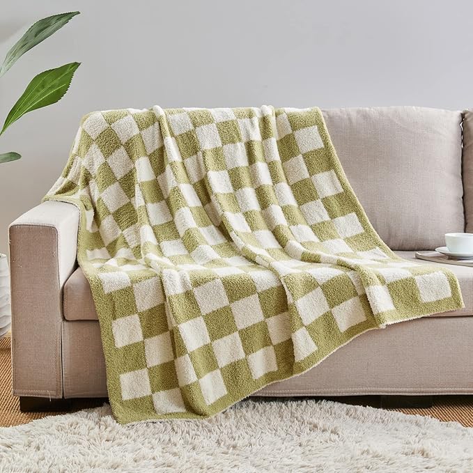 CozeCube Checkered Blanket, Ultra Soft Cozy Sage Green and White Throw Blanket, Warm Cozy Knit Fuzzy Plush Checkerboard Throw for Couch Bed Sofa, 60"x80"