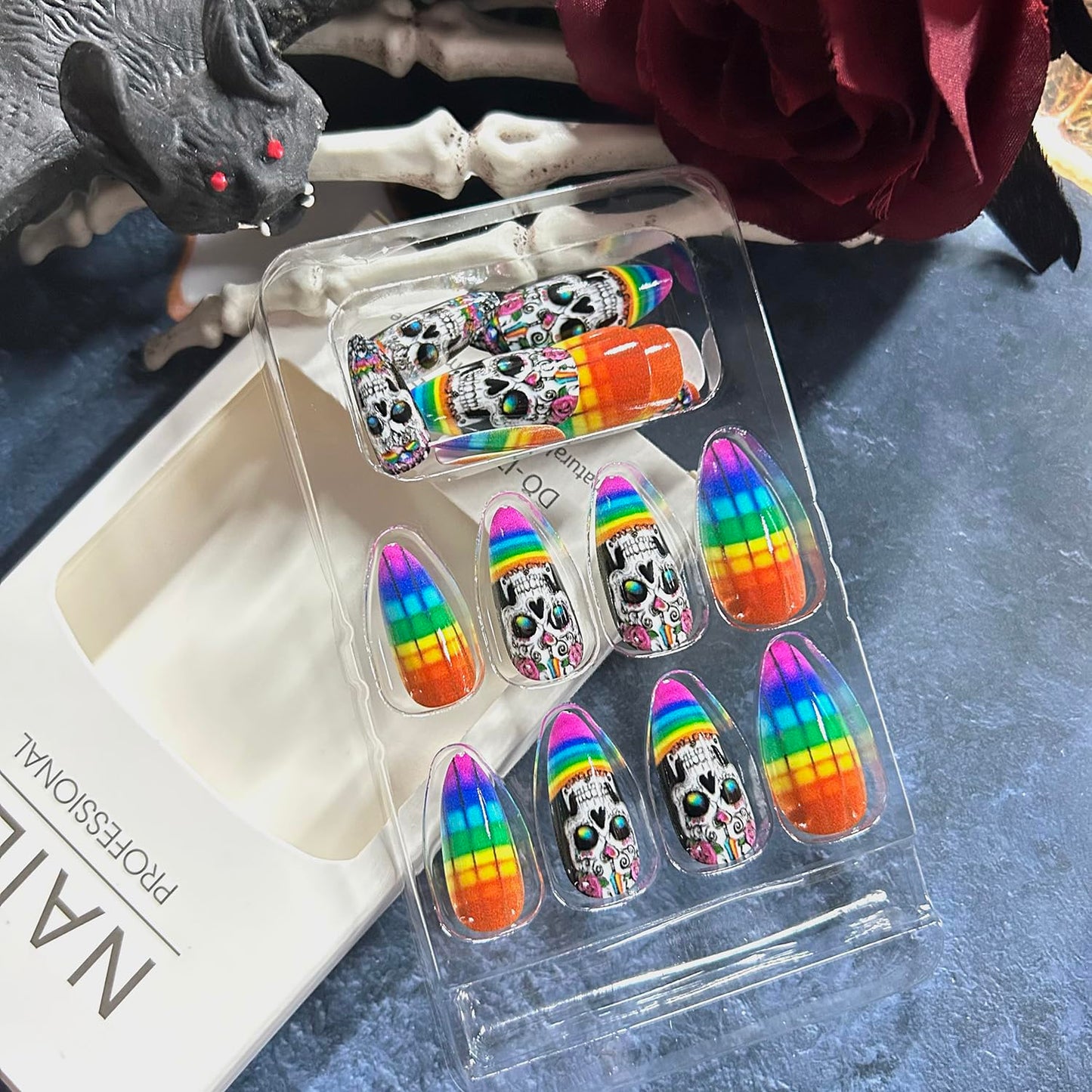 24Pcs Halloween Skull Press on Nails Long Colorful Grid Flower Skull Pattern Design Halloween Nail Full Cover Glossy Artificial Acrylic False Nail French Almond Tip Medium Glue on Nails for Women
