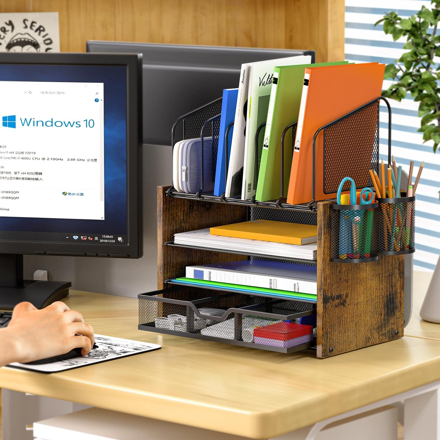 DAOUTIME 4-Tier Mesh Desk Organizer, Wooden Desk File Organizer with 5 Vertical File Holders and 2 Pen Holders, Desktop Organizers and Accessories with Drawer for Home Office