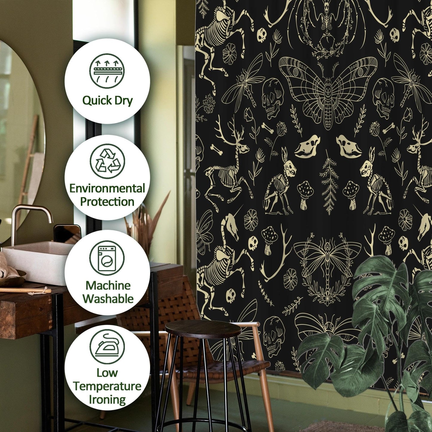 TSLOVER Black Goth Skull Shower Curtains,Spooky Gothic and Skull Shower Curtain for Bathroom,Funny Western Witchy Waterproof Polyester Fabric Bath Curtain Decor,72x72 Inches
