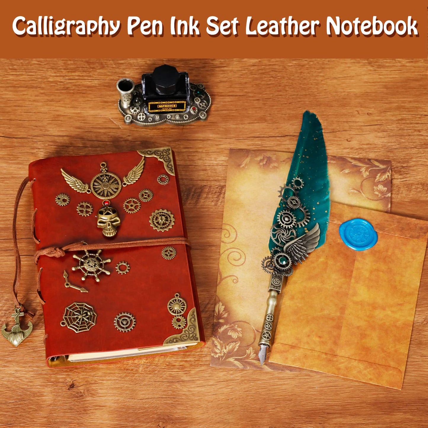 Aifeiter Quill Pen and Ink Set With Quill and 5 Replaceable Nibs,Seal Stamp,Spoon,Wax Beads,White Wax,Pen Holder, Cup,Envelope,Letter Paper,Envelope Tool(green)