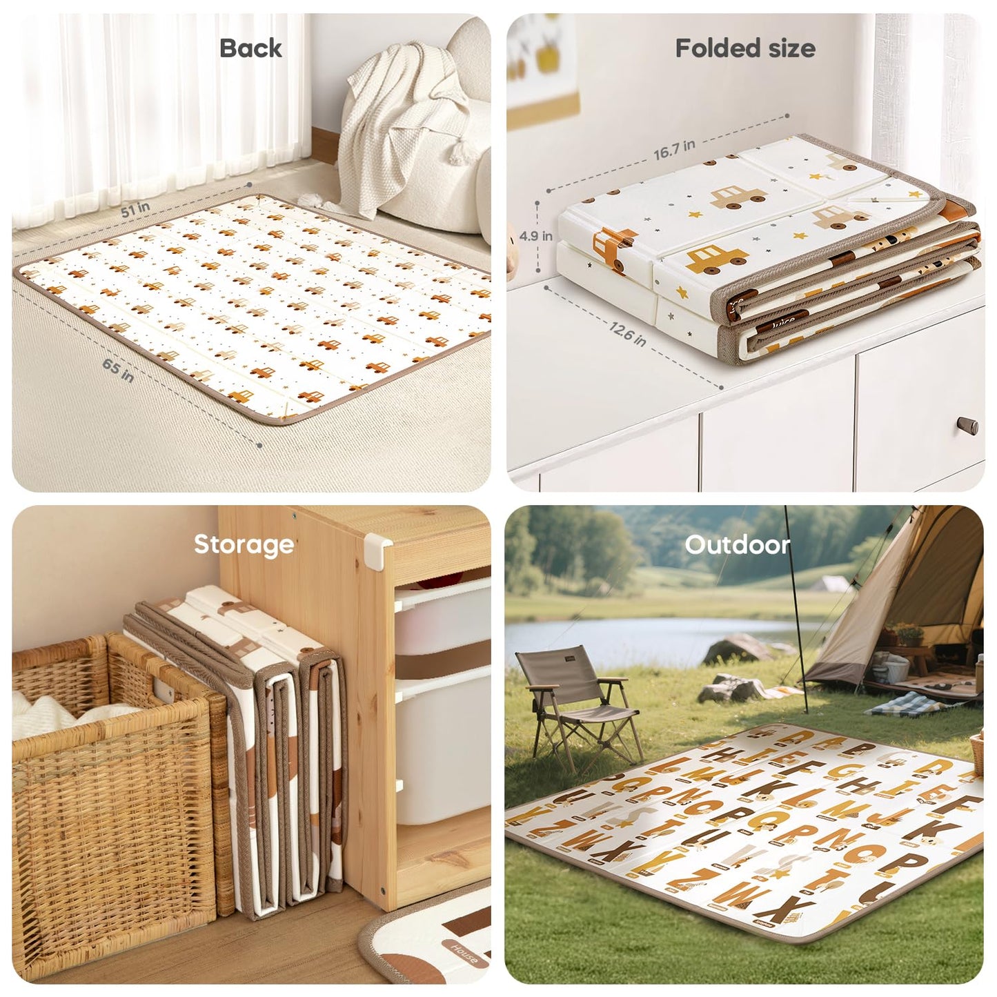 Foldable Baby Play Mat, 65" X 50" Waterproof Double-Sided Cushioned Activity Play Mat, Soft Lightweight Foam Playmat with Fold-Up Sides, Non Slip Crawling & Playing for Infants and Toddler, Alphabet