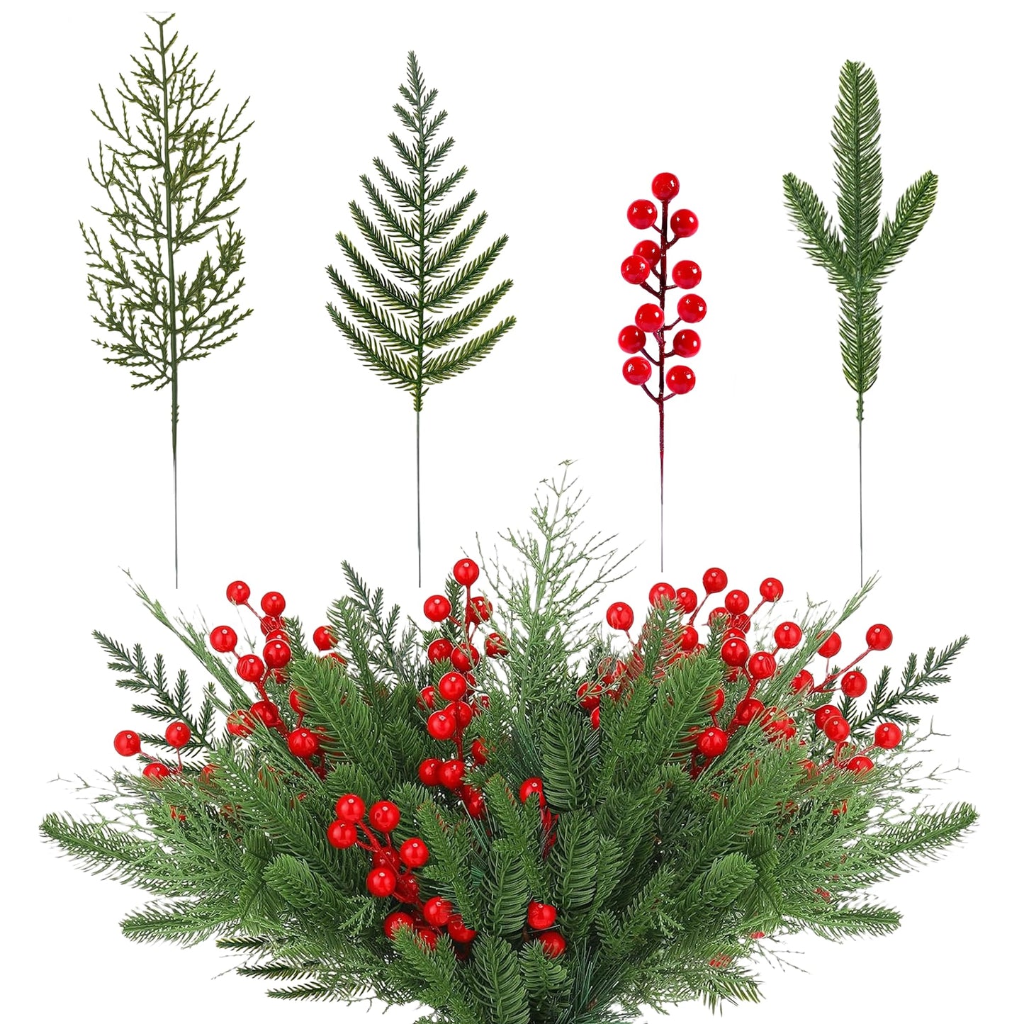 Gitechft 50 PCS Artificial Pine Branches Fake Greenery Pine Picks Artificial Red Berry Stems,Xmas Stems,Christmas Pine Needles for Wreath Decorations