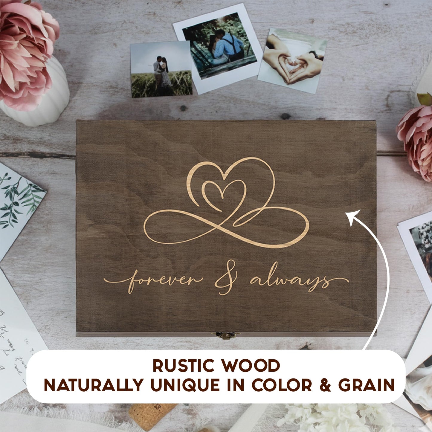 Rustic Wooden Memory Box – Medium Keepsake Storage Box with Double-Sided Engraving – “Forever & Always” Outside & “Every Love Story…” Inside – Personalized Gift for Couples, Wedding, Anniversary