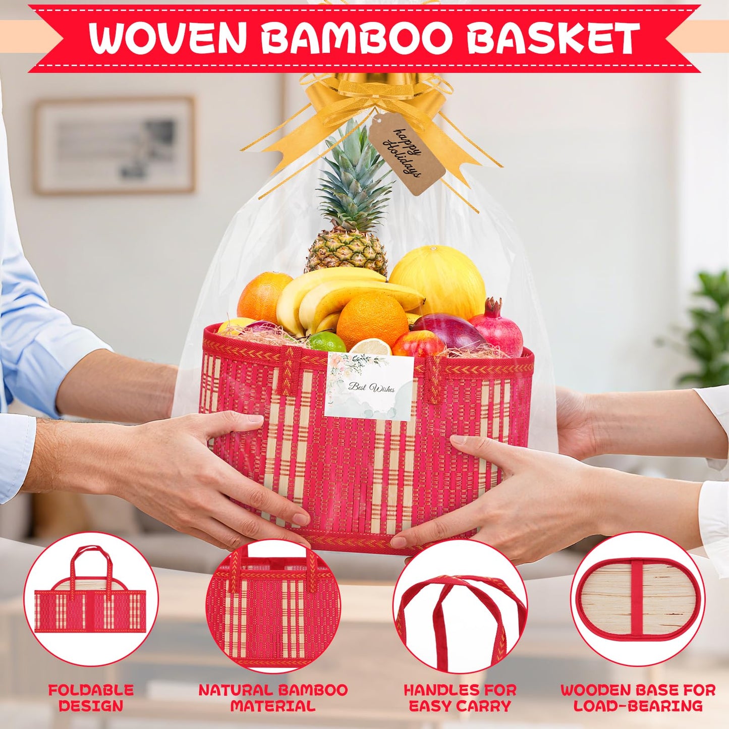 SelfTek 3 Pack Baskets for Gifts Empty, Woven Bamboo G-ift Basket Kit with Wrap Bags, Gift Card, Raffia and Pull Bows, Gifts Baskets for Birthday, Wedding, 30 x 20 x 15 cm-Red