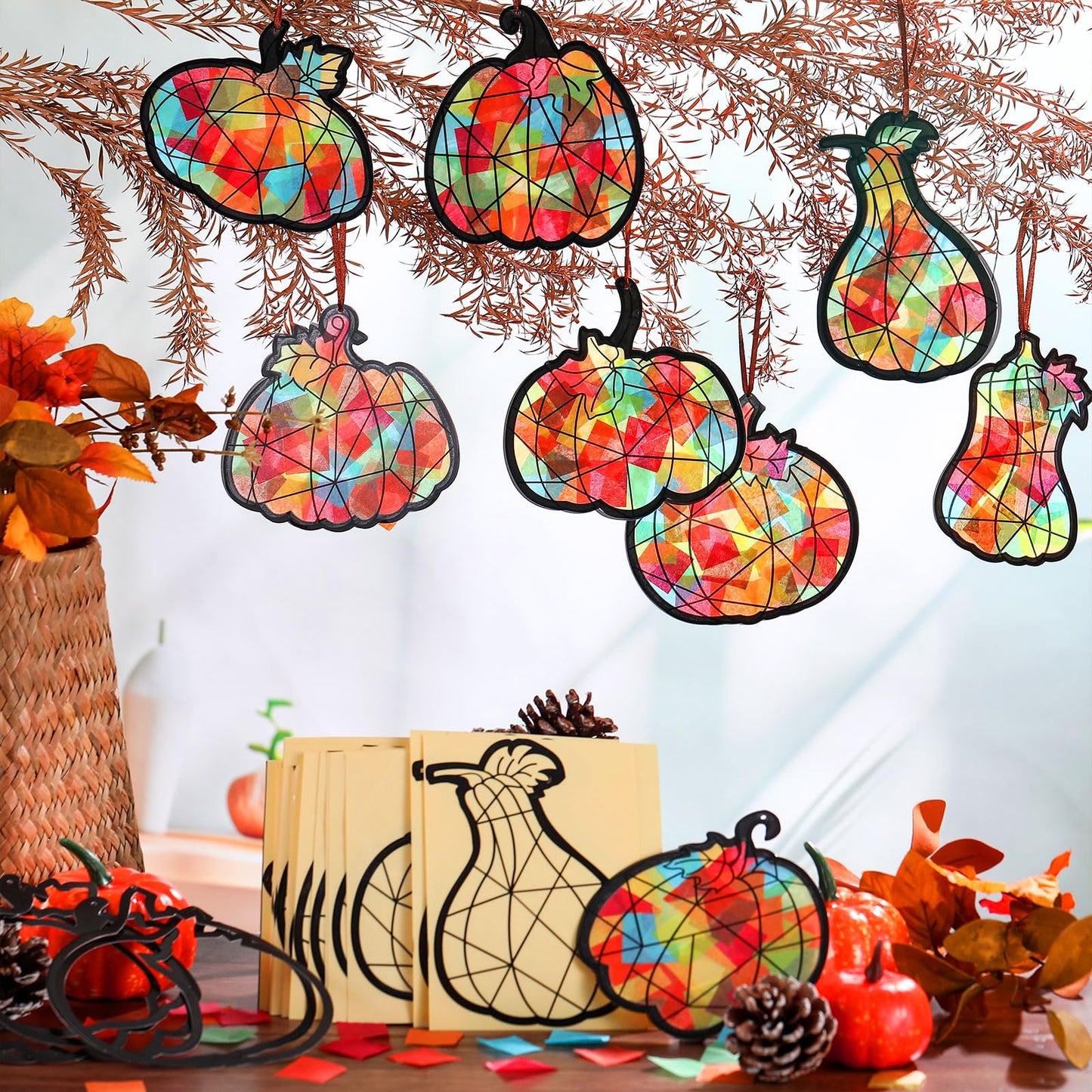 Eersida 32 Pcs Thanksgiving Pumpkin Suncatchers Paper Craft Set Fall DIY Pumpkin Shaped Stained Glass Tissue Paper Kit Bulk for Autumn Thanksgiving Classroom Activities Party Window Art Decor