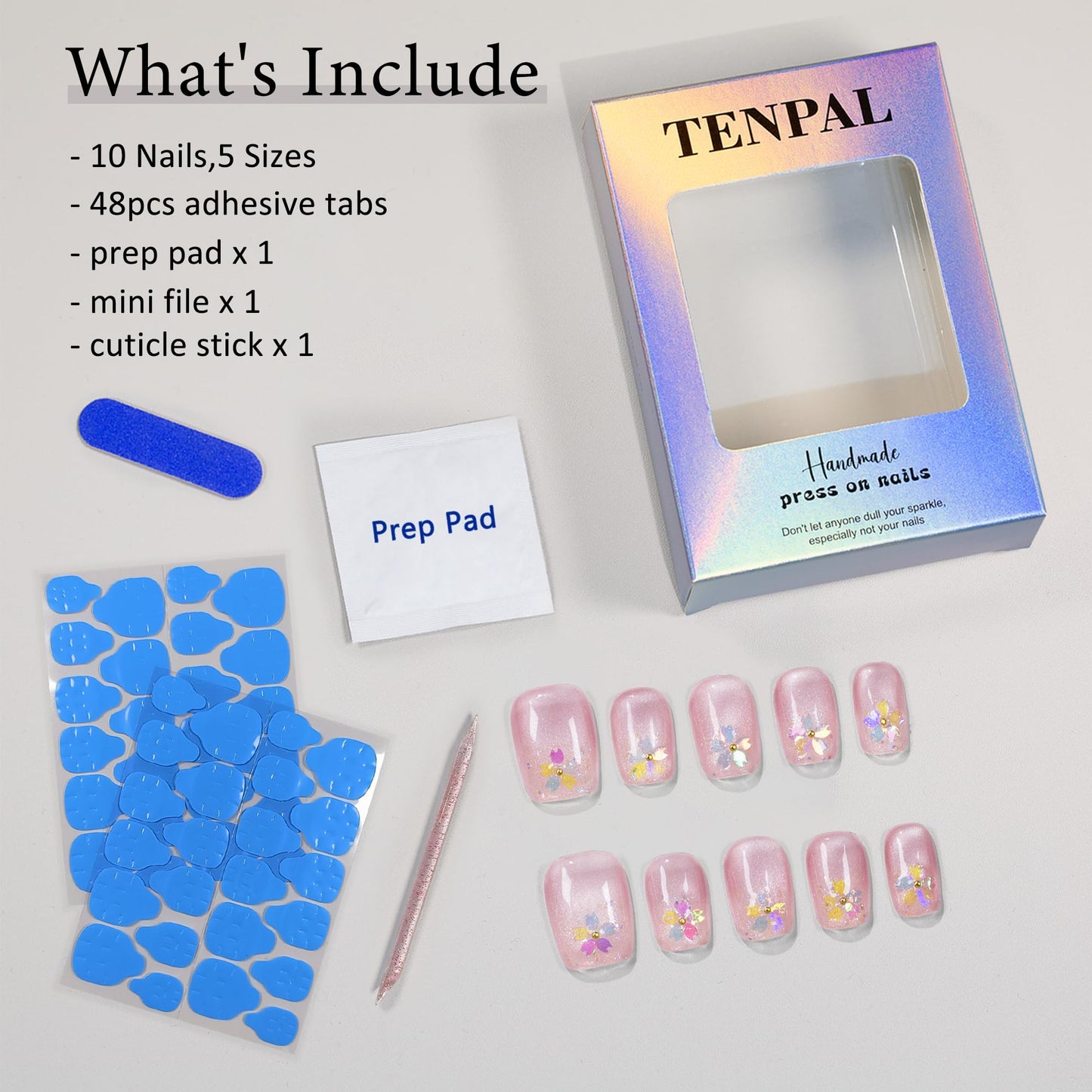 TENPAL Short Square Round Press On Nails handmade,Pink Gradient Cat Eye nails with Cherry Blossom Decor,Glitter Sweet Cute False nails, Reusable Fake Nails for Girls Daily Office, Easy Apply 10pcs M