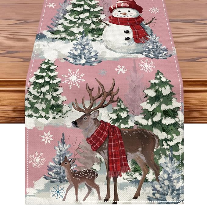 Artscope Reindeer Snowman Christmas Tree Table Runner, Xmas Winter Snowflakes Holiday Kitchen Dining Table Decoration for Christmas Home Party Decor 13x72 Inch-Pink