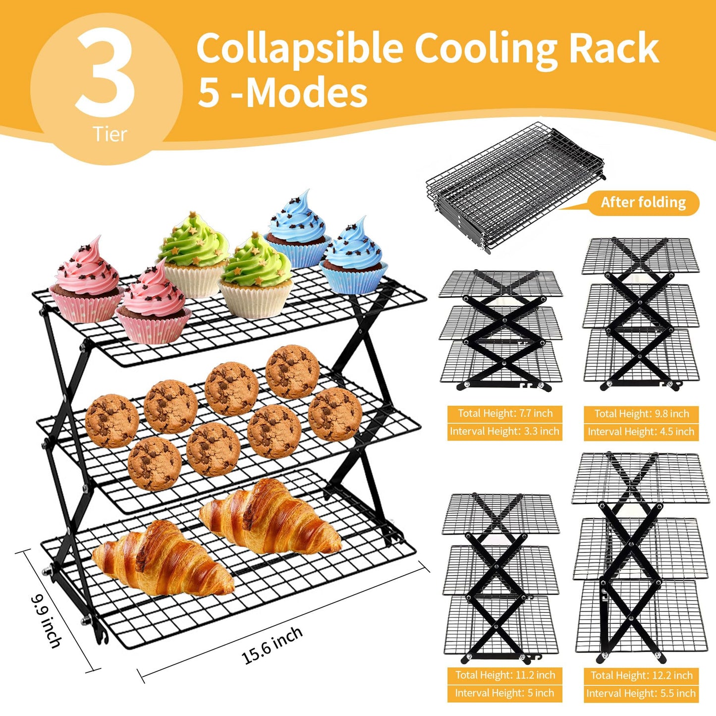 ZESHIHAOGUO 3-Tier Collapsible Cooling Rack with 3-Setting Design, Heavy-Duty Steel Baking Rack for Oven Safe Cooking & Space-Saving Storage