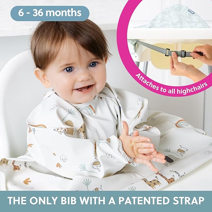 BIBaDO - Long Sleeve Baby Bibs - Babies & Toddlers 6-36 Months - Coverall Baby Led Weaning Bib - Easy Wipe, Soft & Waterproof
