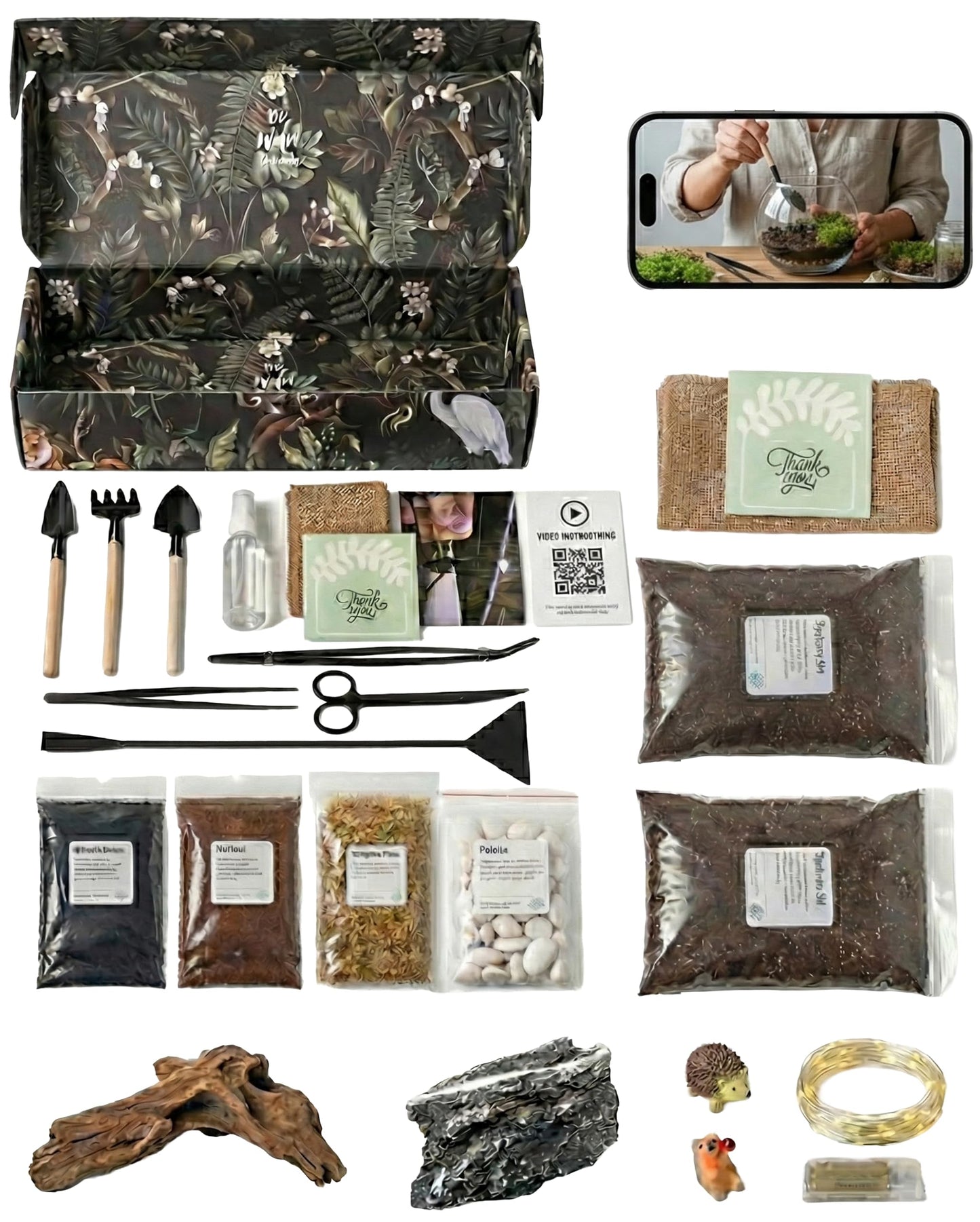 DIY Terrarium Kit | Pebbles Sphagnum Moss Activated Carbon Burlap Peat Moss Tools | Terrarium Supplies (Advanced)