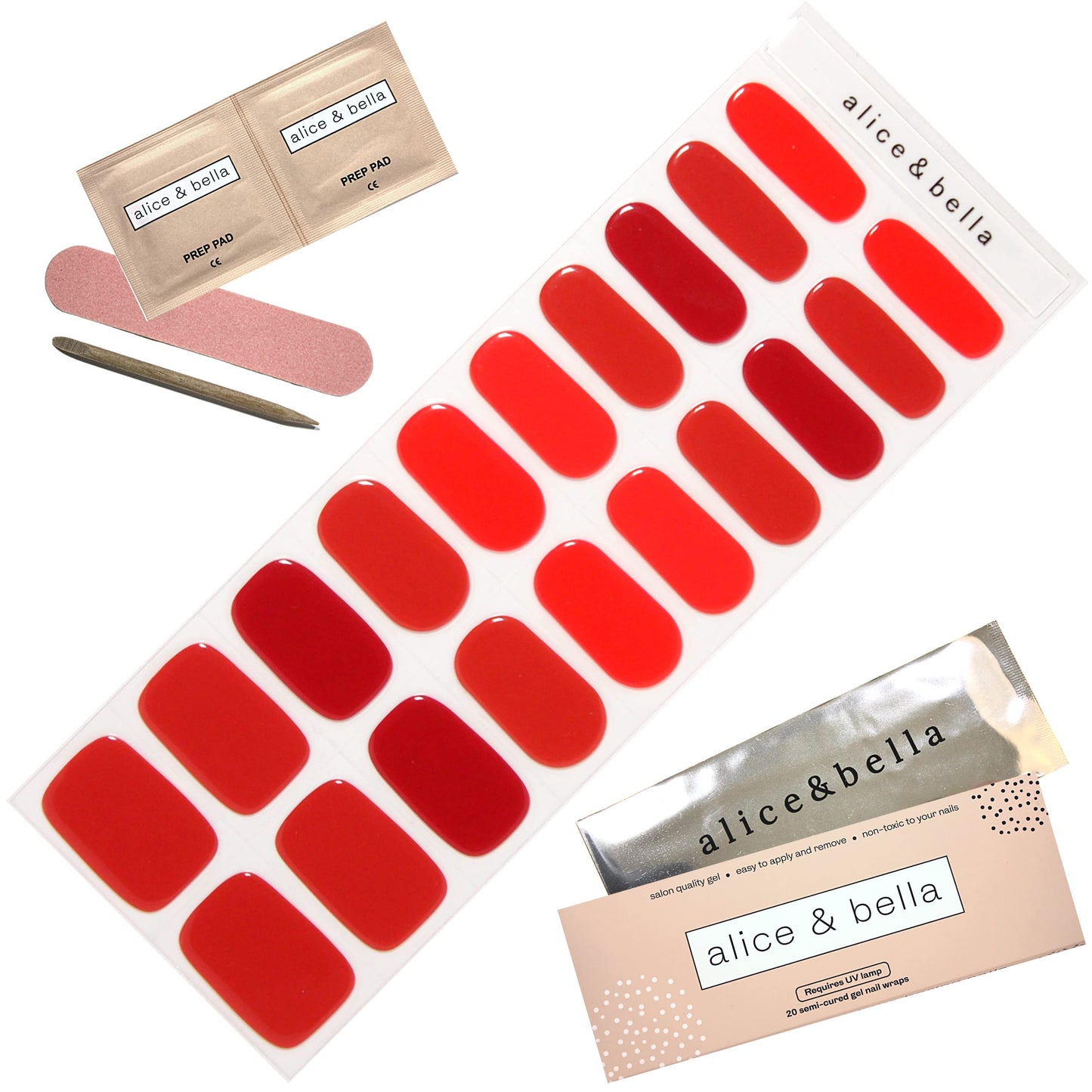 ALICE & BELLA Valentine's Day Semi Cured Gel Nail Strips-20 PCS Multi-Color Red Gradient Gel Stickers, Use with UV Light Lamp, Salon Quality Manicure Wraps (Gradient Red Skittles)