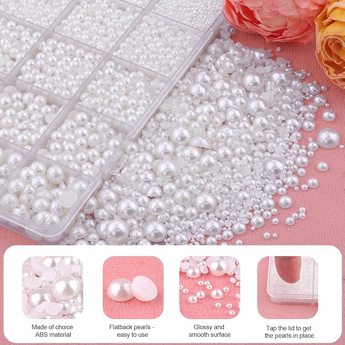 13500Pcs Flatback Pearls for Bedazzling (White) with B7000 Jewelry Glue, Assorted Size 2/3/4/5/6/8/10mm Half Pearl, Bedazzling Gems for Crafting Clothing Tumbler Shoes Embellishment Nail Art