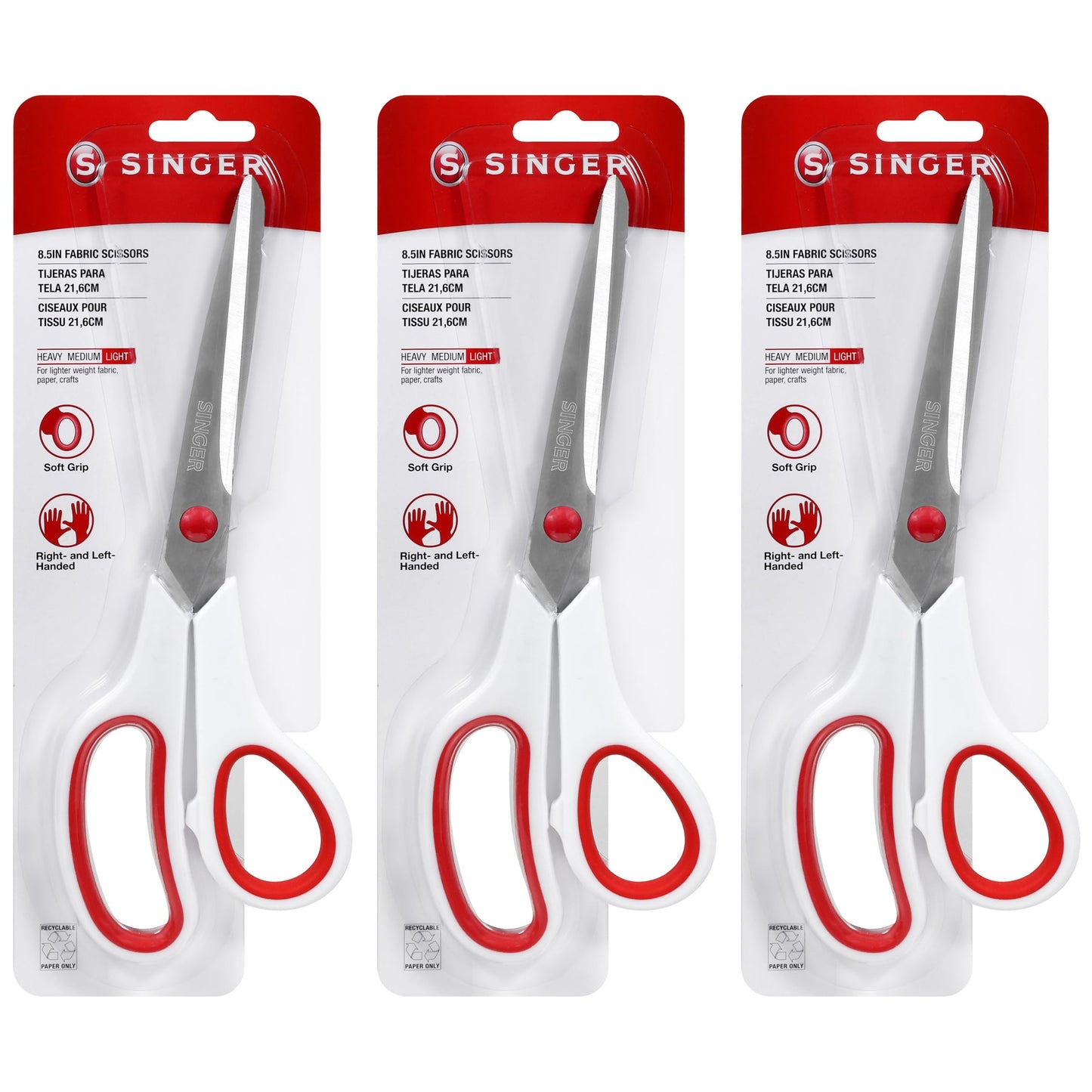 SINGER 00445 8-1/2-Inch, 3-Pack Fabric Scissors with Comfort Grip, Red & White