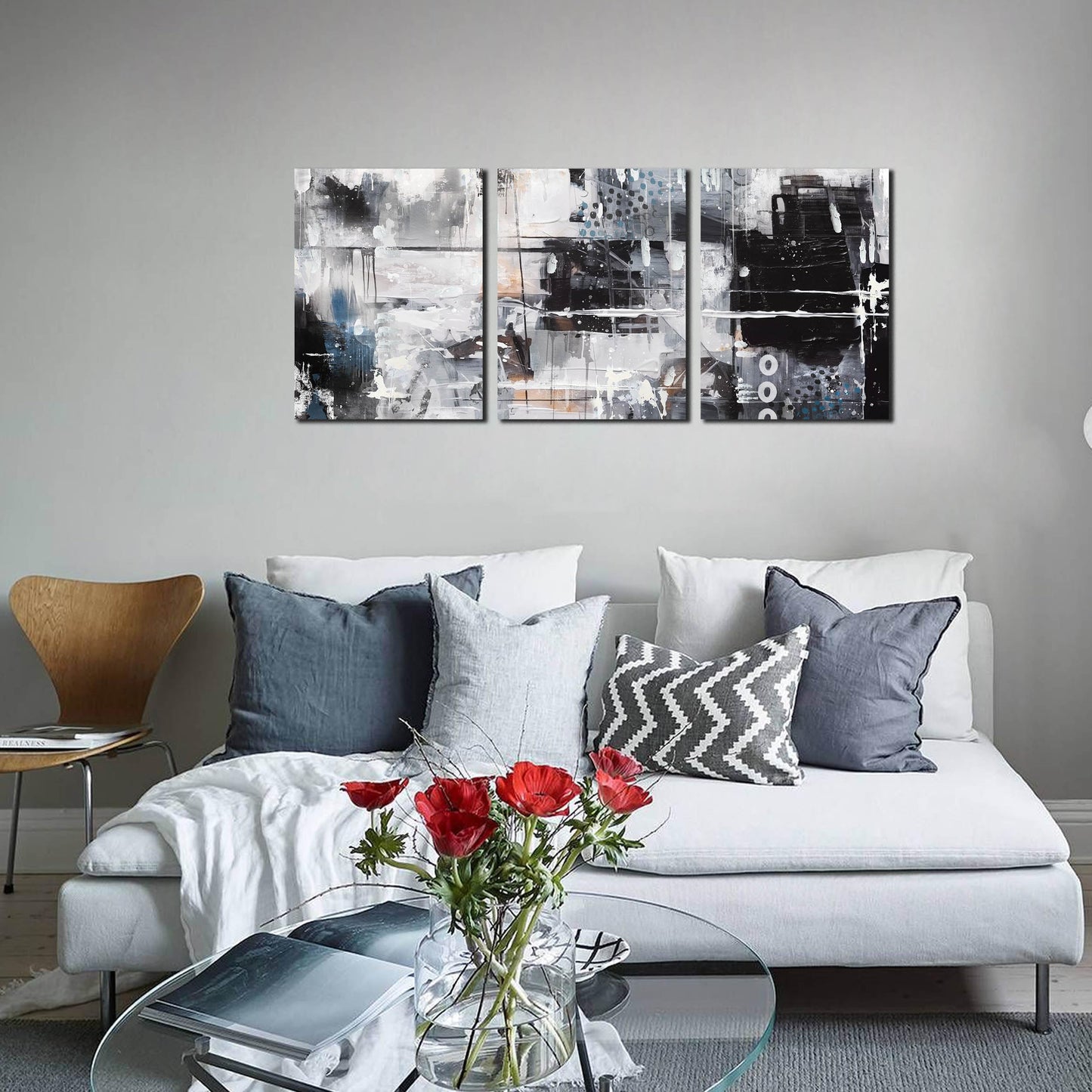HUBOSKN Abstract Wall Art for Living Room - Modern Black and White Wall Art for Bedroom - Home Office Wall Decor Size 12" x 16" x 3 Piece