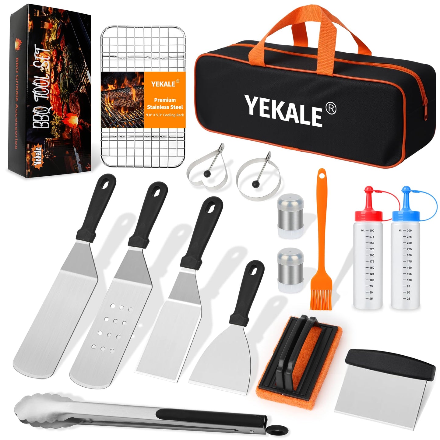 17 PCS Griddle Accessories Kit, Flat Top Grill Accessories Set for Blackstone and Camp Chef, Grill Spatula Set with Enlarged Spatulas, Scraper - Outdoor Barbecue Tools Gifts for Men Dad Him
