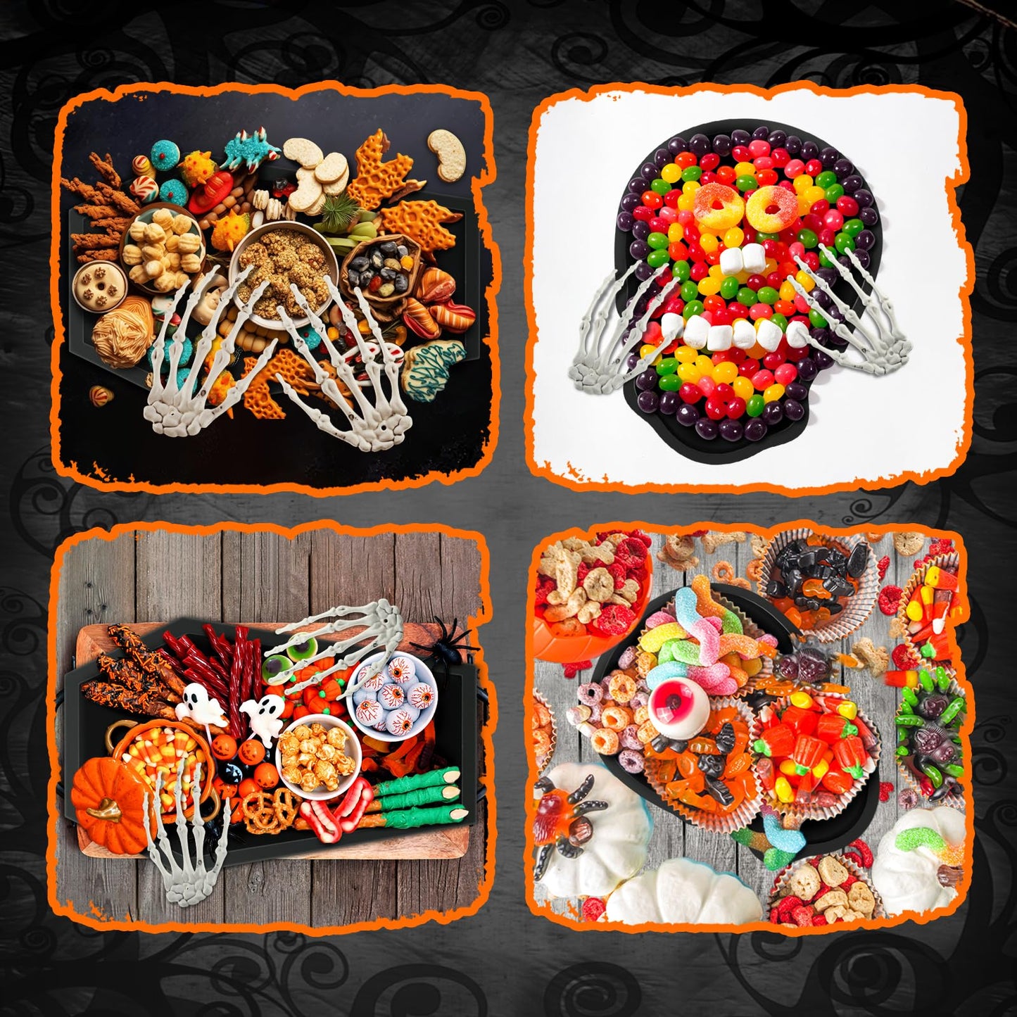 Zhehao 4 Pcs Halloween Serveware Supplies Wooden Coffin Ghost Charcuterie Board Cheese Board Serving Platter Snack Trays with Plastic Skeleton Hands Dinnerware Cookware for Home Party Dinnerware