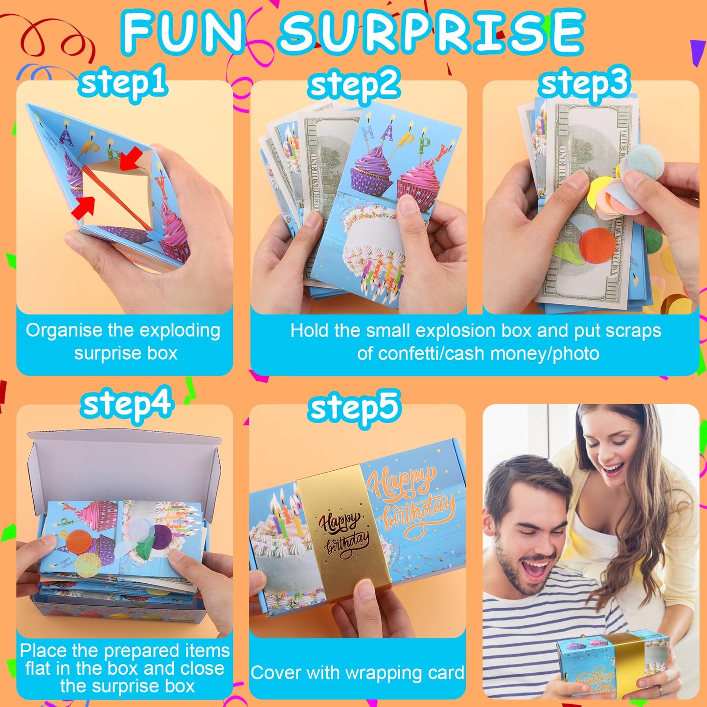 BABORUI Birthday Surprise Box Gift Box for Money, Happy Birthday Surprise Gift Box Explosion with Confetti, Seeroze Exploding Gift Box for Men Women Kids(Blue)