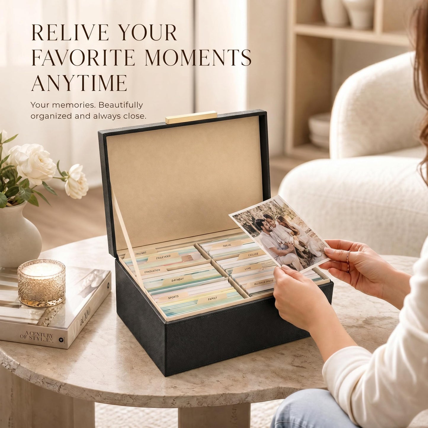 ZICOTO Decorative Photo Storage Box - Sturdy PU Leather Photo Organizer with Dividers is Perfect to Store Up to 1200 Pictures and 4x6 Photos - Portable Scrapbook Storage Containers with Lid