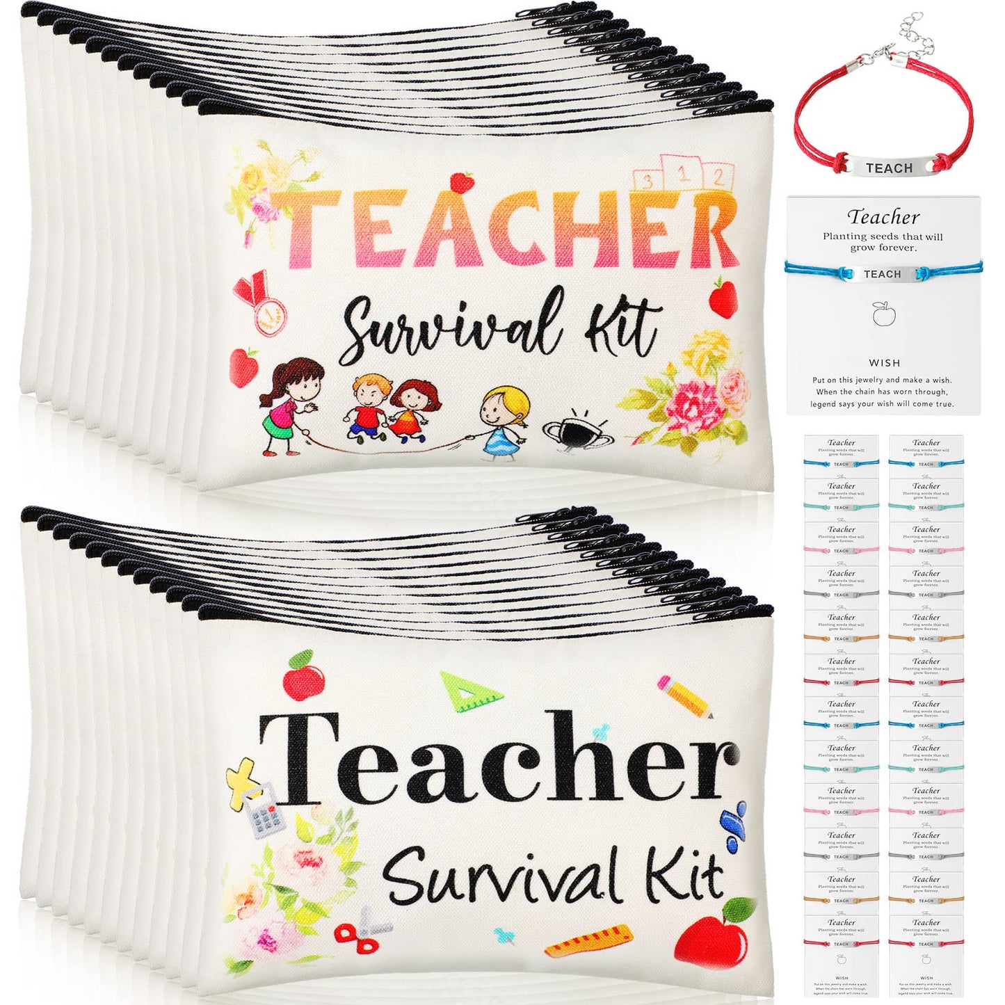 Frienda 48 Pieces Teacher Appreciation Present Set 24 Pcs Teacher Survival Kit Makeup Bag Pouch 24 Pcs Blessing Card Bracelet Cosmetic Bag Kit for Back to School Thanksgiving Party