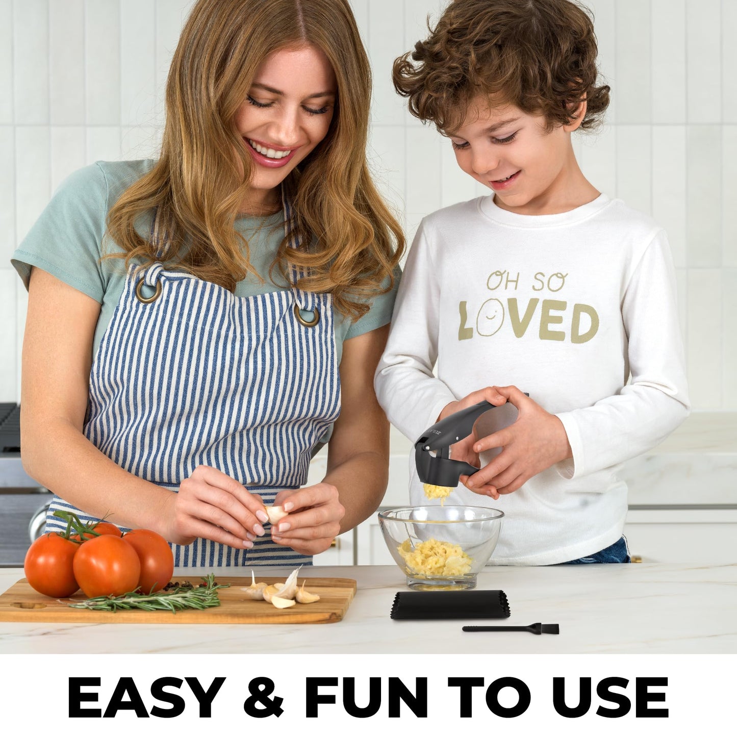 Zulay Kitchen Large Premium Garlic Press Set – Rust Proof & Dishwasher Safe, Bigger Bowl Garlic Mincer Tool with Silicone Garlic Peeler & Brush, Easy Squeeze & Clean, Ergonomic Handle - Black