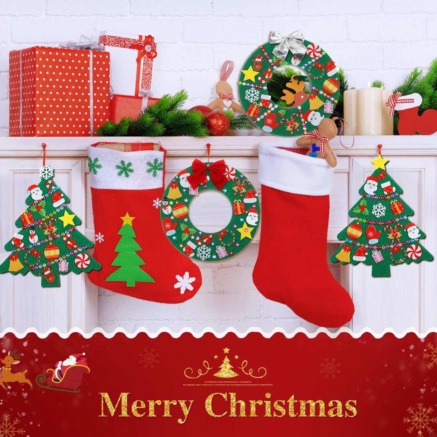 Tatuo 12 Pcs Felt Christmas Tree Wreath Decorating Craft Christmas DIY Ornaments Making Kit with 221 Self Adhesive Felt Stickers 12 Bows and 5 Gem Stickers (Wreath Style and Trees Style)