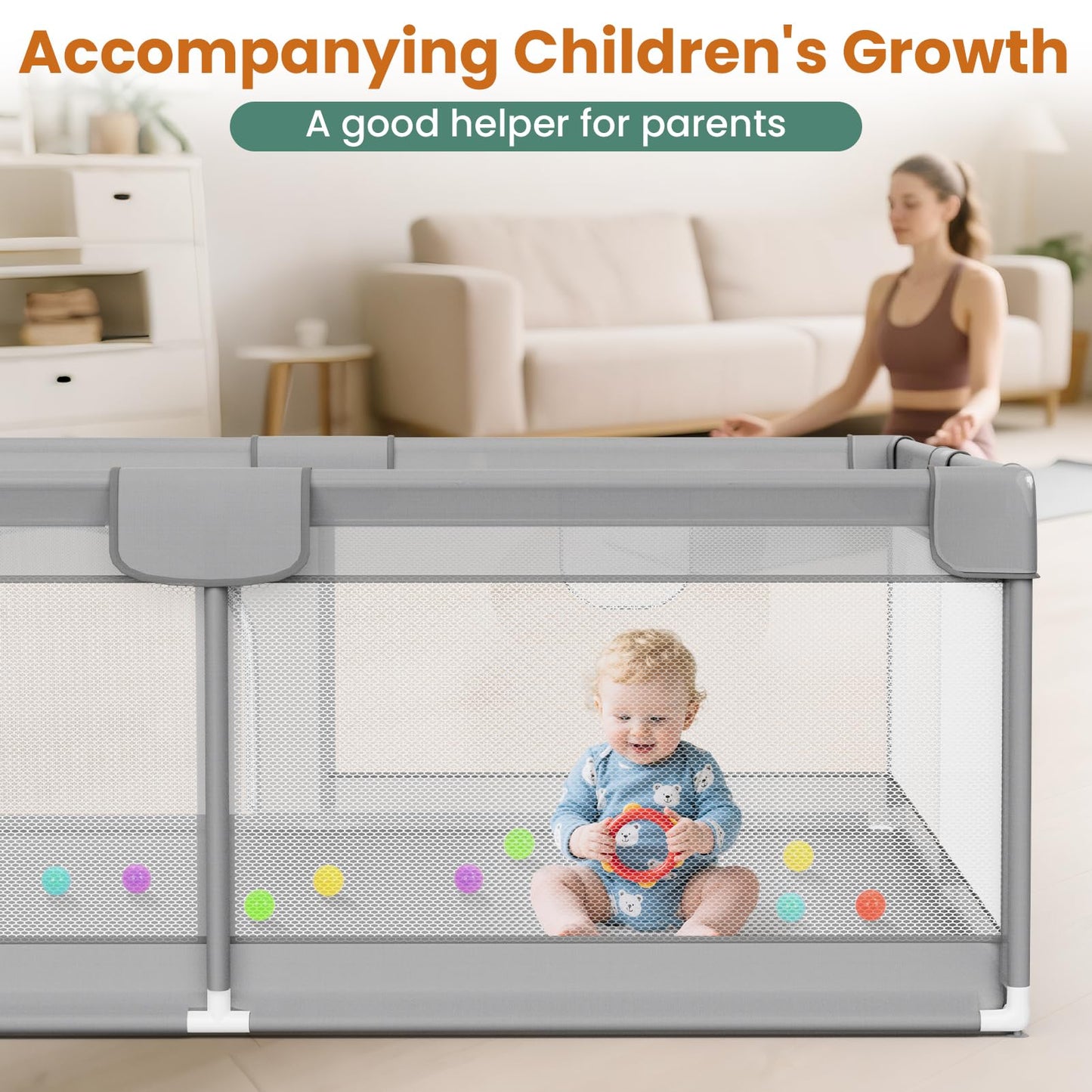 79” x 71” Playpen for Babies and Toddlers - Safe Baby Fence with 50 PCS Ocean Balls and 2 Pull Handles for Indoor - Large Baby Playpen for Activity Center - Play Yard with Non-Slip Suction Cups