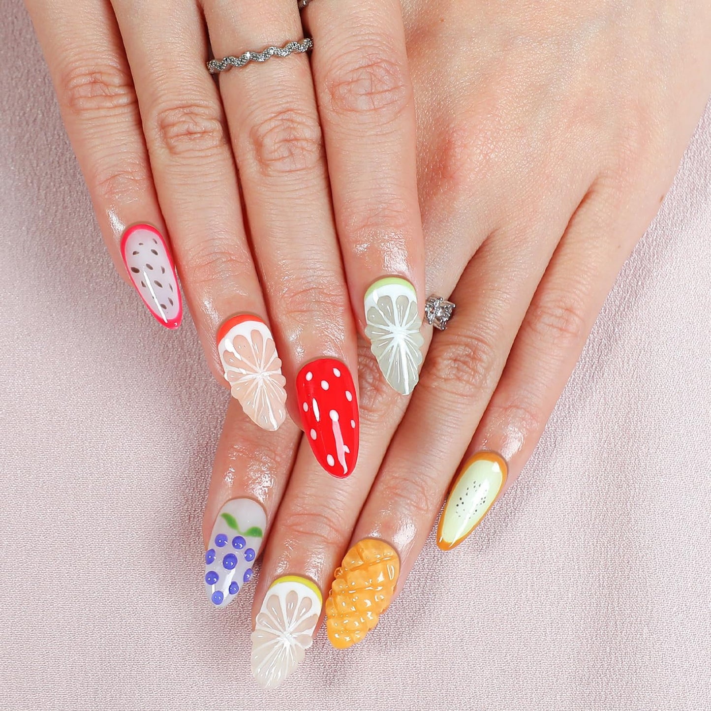 Handmade Fruit Press on Nails Luxury Thick Medium Almond Fake Nails with Lemon Grape Mango Pattern Design Muti-Layer Gel Spring Summer Fruit False Nails Full Cover Acrylic Nails for Women (Size S)