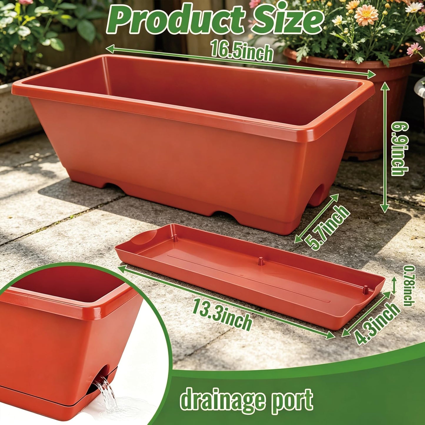 Yokodaza Red Window Box Planters, 7 Pack Rectangular Plastic Flower Planters Boxes with Saucers, 17 Inches Vegetable Planting Pots for Indoor Outdoor Garden, Patio, Windowsill, Home Decor