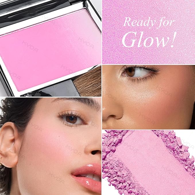KYDA Pink Shimmer Blush, Gradient Cool Purplish Pink Color, Micro-fine Pearl Powder Blush, Soft Buildable Cheek Color, Lightweight Smooth, Multiuse Blusher Makeup Compact