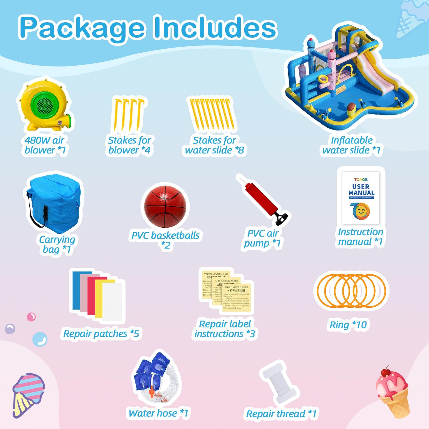 TOAOB Inflatable Water Slide for Kids 3-12: Blow Up Bounce House Backyard Water Park with 480W Blower- 10 in 1 with Pool for Outdoor Birthday Party