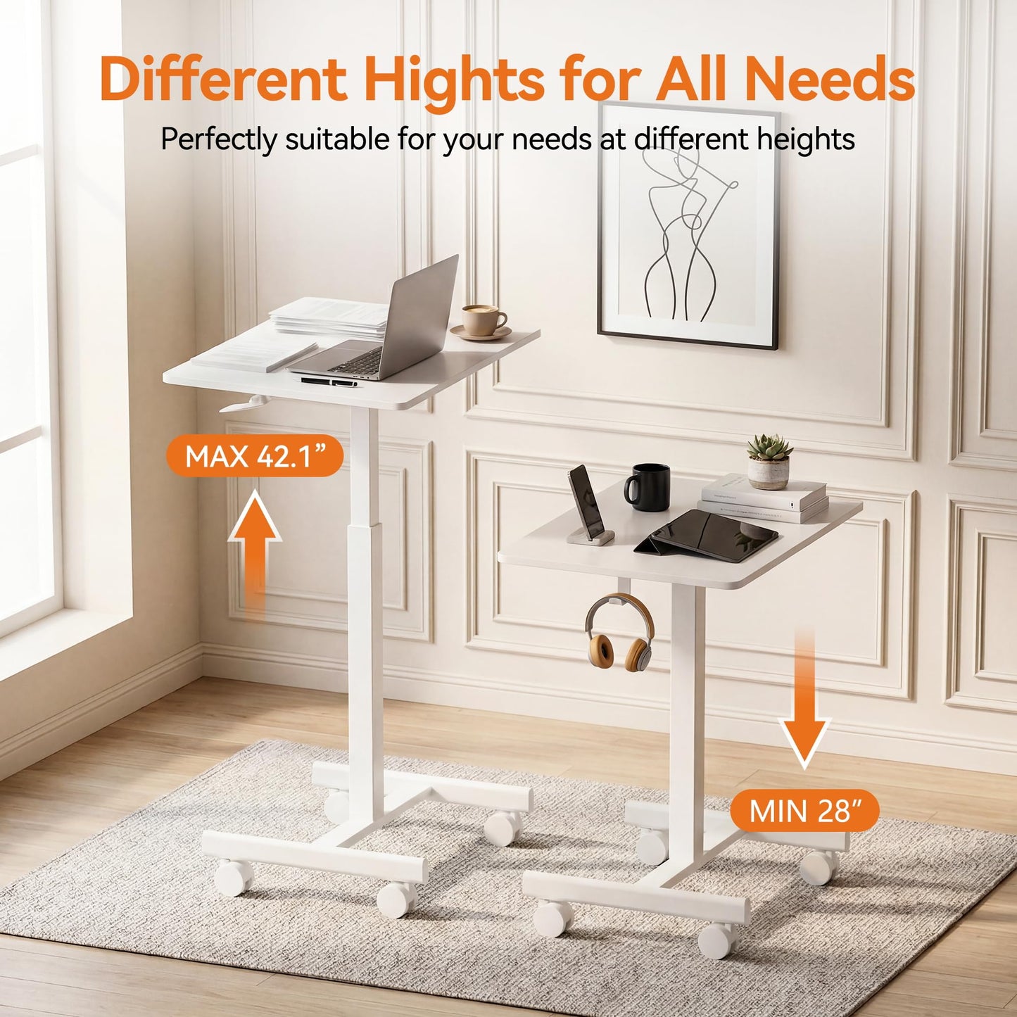 BPHEZJ Mobile Standing Desk with Wheels, Pneumatic Height Adjustable Rolling Computer Workstation with Lockable Casters (White)