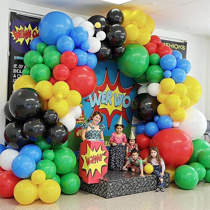 412Pcs Red Blue Yellow Green Black Balloon Arch Garland Kit, 18 12 10 5 Inch Different Size Latex Balloons for Birthday, Video Game Themed Party