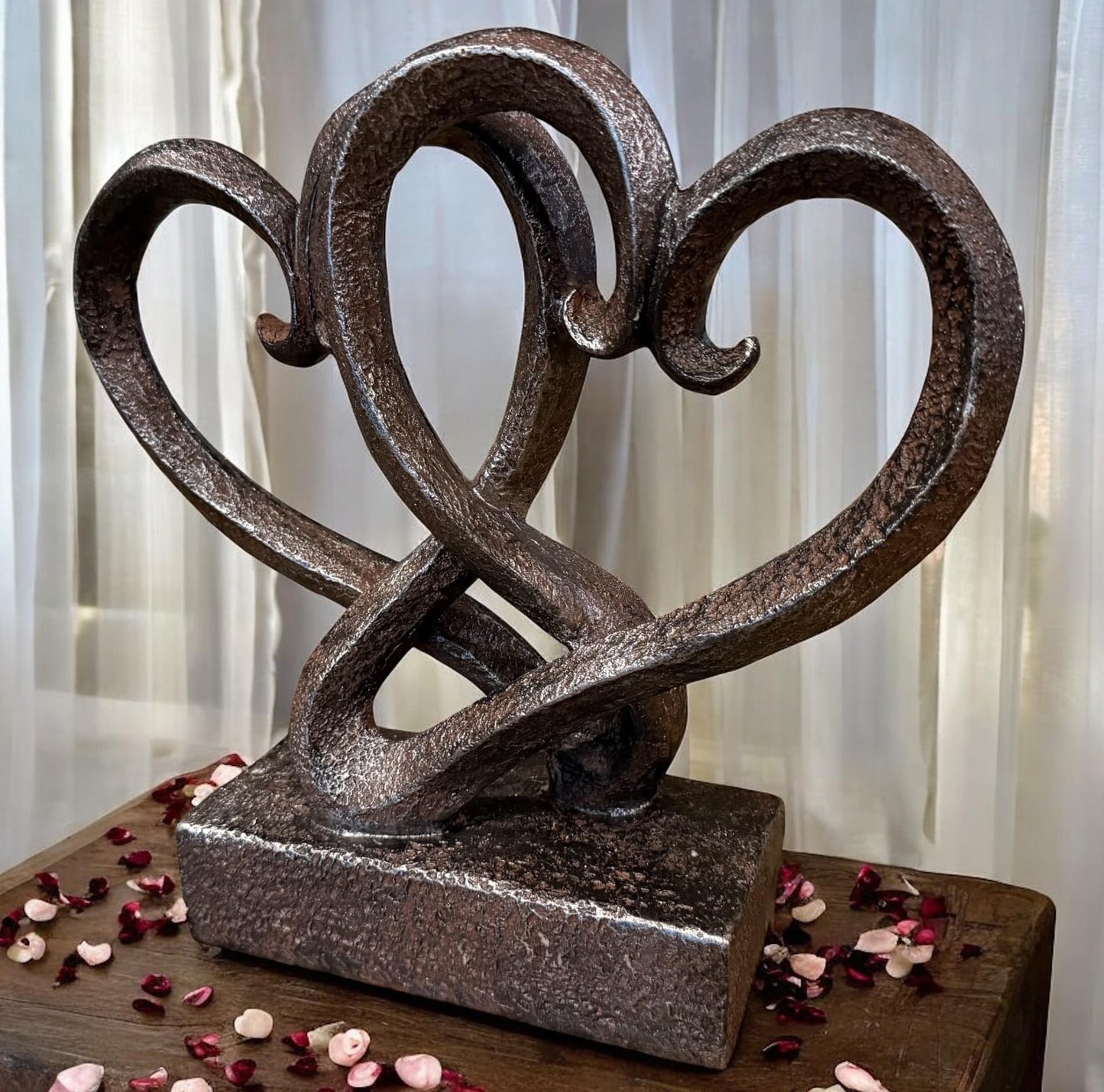 Top Brass Entwined Hearts Tabletop Decor, Two Hearts Love Unity Sculpture – Cast Iron Finish Resin Statue, Romantic Gift for Couples, Wedding & Anniversary, 11 Inches Tall