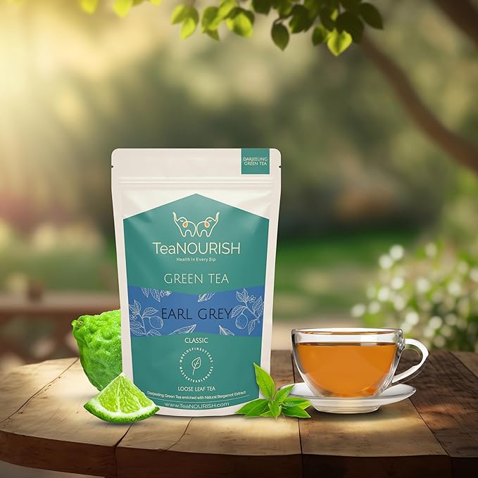 TeaNOURISH Earl Grey Green Tea | Darjeeling Loose Leaf Tea Enriched with Natural Bergamot Extract | 100% NATURAL | 50 Cups Hot or Iced Tea - 3.53oz/100g