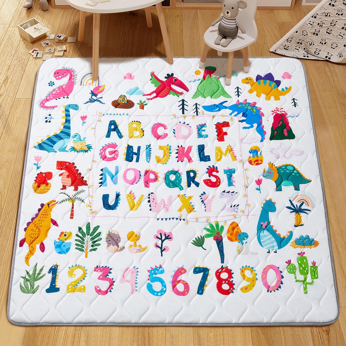 TreeBud Baby Play Mat - Thicken 50x50 Inch Soft Foam Crawling Mat for Playpen & Floor, Non-Slip Waterproof Playmats for Infants & Toddlers, Portable Foldable & Machine Washable, Dinosaur & Letters