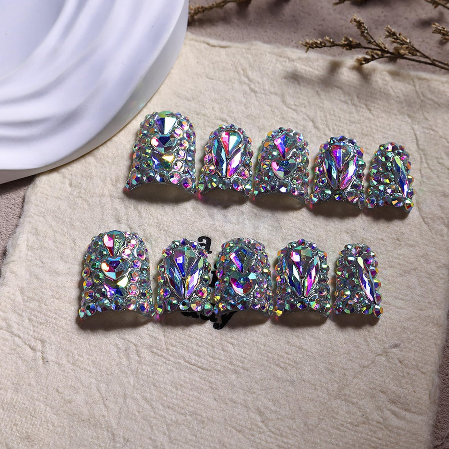 10Pcs Handmade Rhinestone Press on Nails Short Duck Fake Nails with Rhinestone Design Full Cover False Nails Short Hand Made Press on Nails Reusable Stick on Nail Artificial Glue on Nail for Women (S)