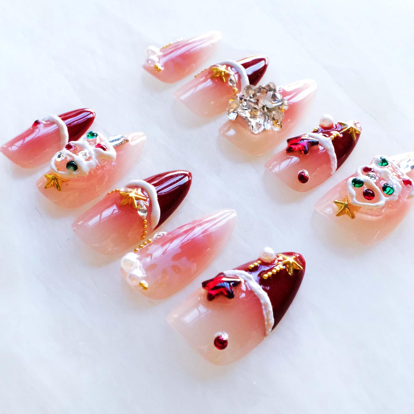 GLORS Christmas Press-on Nails, Medium Length Almond Shape, 3D Design with Snowflakes and Trees, Red and Pink, 10 Pieces (Small, Almond)