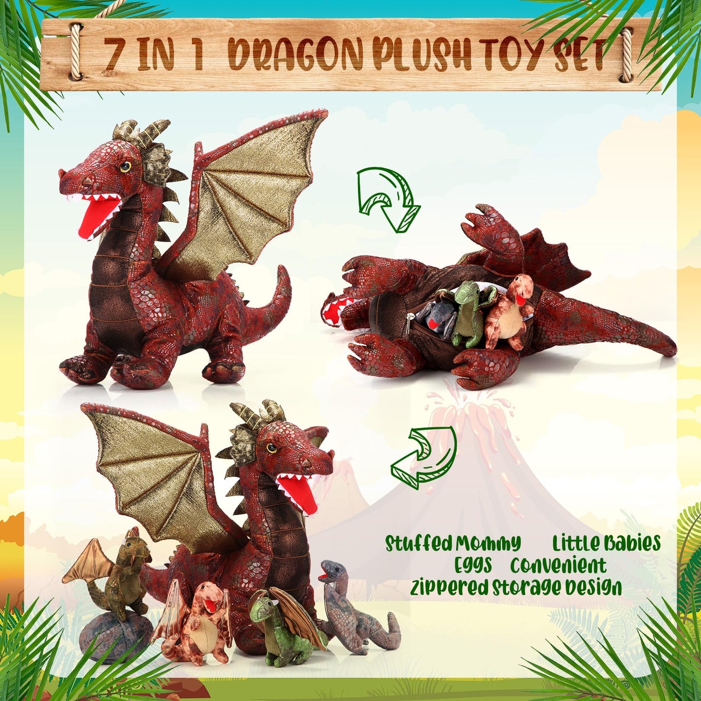 Deekin 7 Pcs Dragon Toy Set 16 Inch Large Dragon Stuffed Animal with 4 Baby Plush and 2 Eggs in Mommy's Belly Dinosaur Plushies Gifts for Boys Girls Birthday(Retro Style)