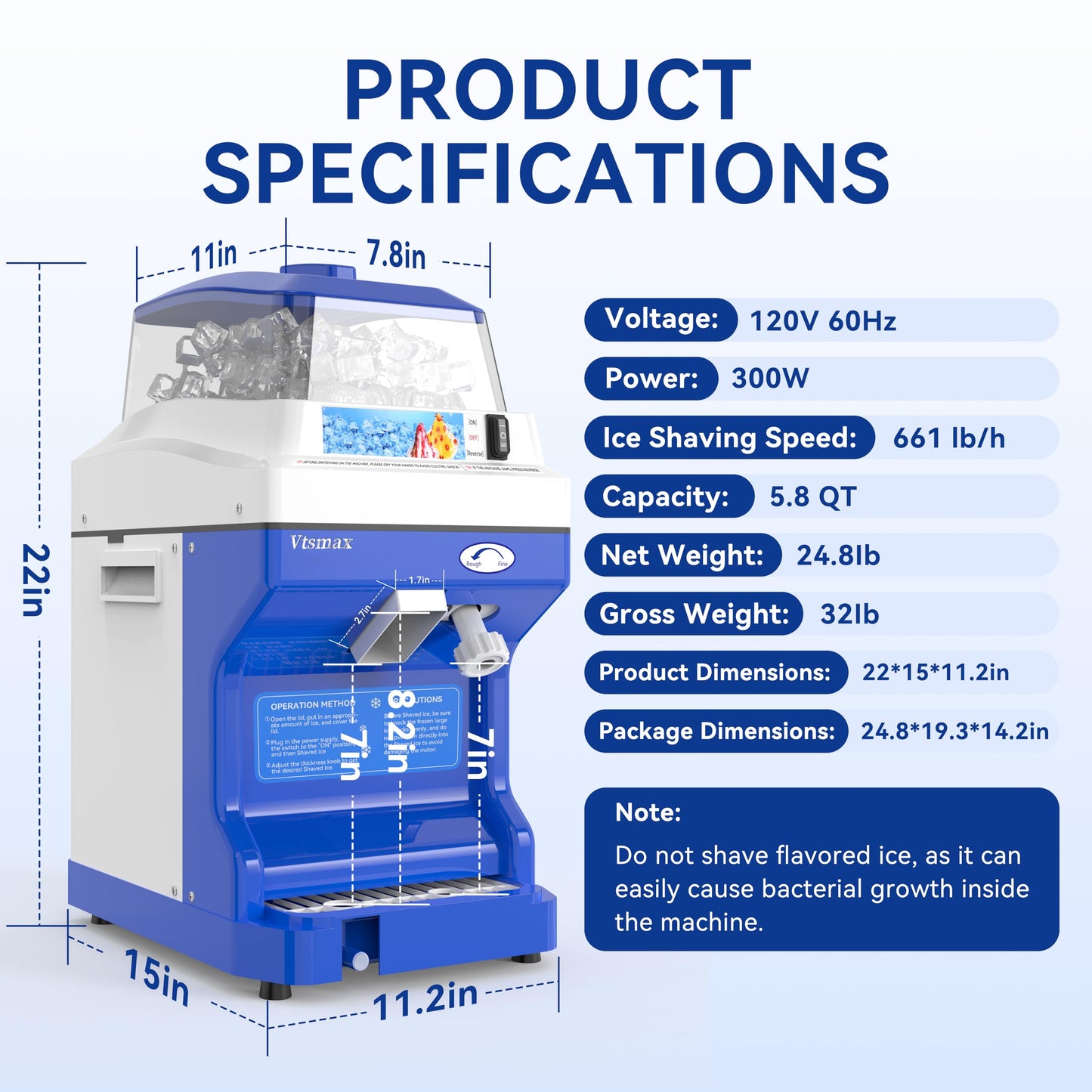 Vtsmax Electric Ice Shaver Machine, 300W Shaved Ice Machine, Thickness Adjustable Snow Cone Maker Machine 661LBs/hr Ice Crusher for Bar Parties Events Snack, Home and Commerical Use Blue(5.8Qt)